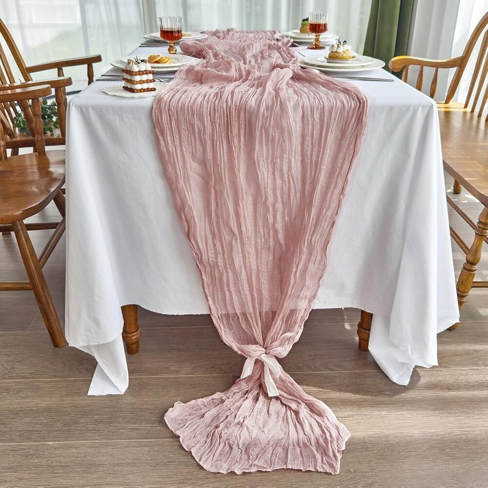 2 Pcs Cheesecloth Table Runner 120 Inch 10 FT Boho Gauze Pink Cheesecloth Table - Picture 5 of 7